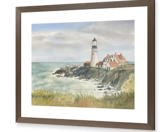 Portland Head Light Watercolor Print: Coastal Maine Lighthouse Art (9x12)