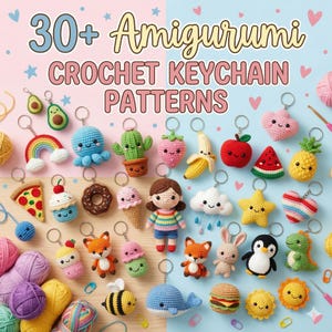 Puede incluir: Una colección de patrones de llaveros amigurumi de ganchillo. La imagen presenta varios llaveros hechos a mano, incluyendo un aguacate, un arcoíris, un pulpo, un cactus, una fresa, un plátano, una manzana, una sandía, una piña, una pizza, una magdalena, una rosquilla, un helado, una muñeca, una nube, una estrella, un corazón, un zorro, un conejo, un pingüino, un dinosaurio, una abeja, una ballena, una hamburguesa y un sol.
