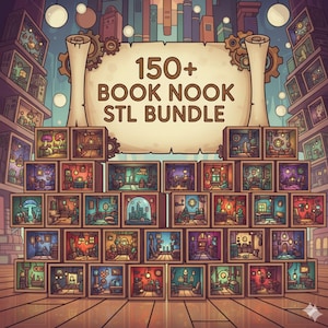 May include: An illustration of a collection of miniature book nooks, each depicting a unique interior scene. The image features a banner with the text "150+ BOOK NOOK STL BUNDLE". The overall color palette is warm, with a focus on detailed, whimsical designs.