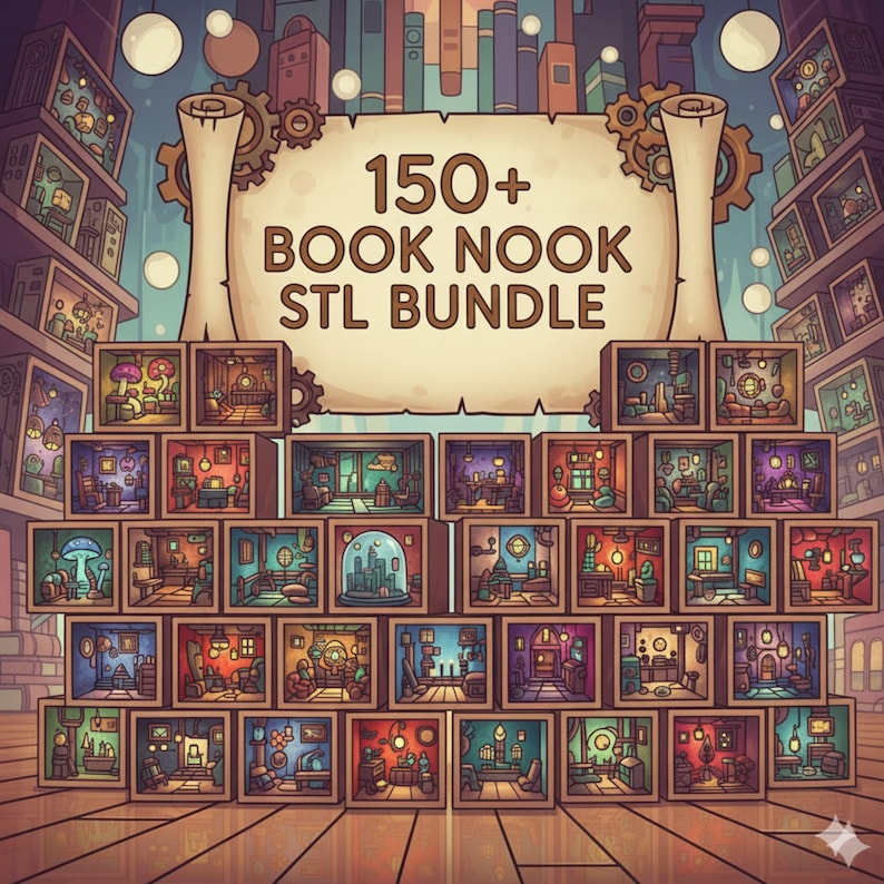 May include: An illustration of a collection of miniature book nooks, each depicting a unique interior scene. The image features a banner with the text "150+ BOOK NOOK STL BUNDLE". The overall color palette is warm, with a focus on detailed, whimsical designs.