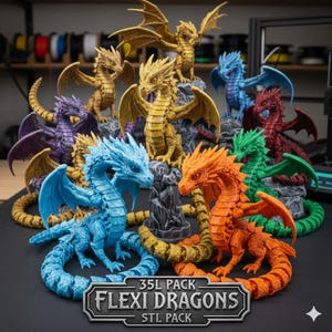 Könnte beinhalten: Eine Sammlung von bunten, beweglichen Drachenfiguren in verschiedenen Farben, darunter Gold, Blau, Rot, Grün, Orange und Lila. Die Drachen sind auf kleinen Felsformationen platziert. Der Text "35L PACK FLEXI DRAGONS STL PACK" ist enthalten.
