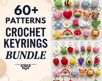 60+ gehaakte sleutelhangerpatronen, pdf-bundel met dierenamigurumi-sleutelhanger