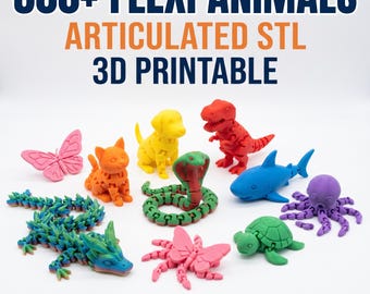 Op de afbeelding: Een verzameling 3D-geprinte gearticuleerde dierenfiguren in diverse kleuren, waaronder een draak, vlinder, kat, hond, cobra, dinosaurus, haai, schildpad en octopus. De tekst 500+ FLEXI ANIMALS ARTICULATED STL 3D PRINTABLE staat boven de figuren afgebeeld.