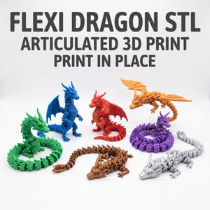 Op de afbeelding: Een verzameling van zes gearticuleerde drakenfiguren in groen, blauw, rood, oranje, paars en zilver. De tekst FLEXI DRAGON STL ARTICULATED 3D PRINT PRINT IN PLACE staat boven de figuren, die zijn voorzien van gesegmenteerde lichamen.