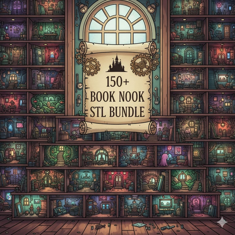 May include: An illustration of a bookshelf filled with miniature rooms, each with unique interior designs. A scroll in the center reads "150+ BOOK NOOK STL BUNDLE". The rooms are lit with various colors, creating a whimsical and detailed scene.