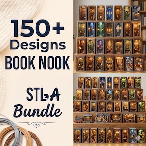 May include: A collection of miniature book nooks, each with a unique interior design, displayed on wooden shelves. The image features the text "150+ Designs BOOK NOOK STL Bundle". The nooks showcase various themes, including libraries and architectural scenes.