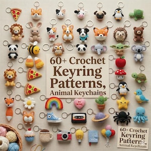 Puede incluir: Una colección de llaveros de ganchillo hechos a mano con diseños de animales y objetos, como una porción de pizza, un zorro, un panda y un arcoíris. La imagen incluye el texto "60+ Crochet Keyring Patterns, Animal Keychains."