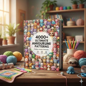 Puede incluir: Un libro titulado "4000+ Ultimate Amigurumi Patterns" con una portada que muestra numerosos peluches amigurumi. La imagen también muestra hilo, ganchillos y un cuadrado de ganchillo terminado, lo que sugiere un tema de manualidades.