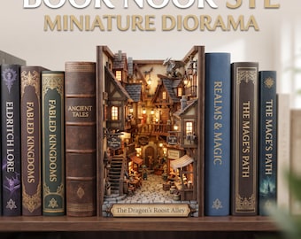 Puede incluir: Un diorama en miniatura para estantería titulado The Dragon's Roost Alley, que muestra una escena callejera de fantasía con edificios de madera, caminos de piedra e iluminación cálida, entre libros. El texto dice BOOK NOOK STL.