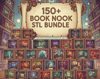 May include: An illustration of a collection of miniature book nooks, each depicting a unique interior scene. The image features a banner that reads "150+ BOOK NOOK STL BUNDLE". The overall color palette is warm, with browns, reds, and blues.