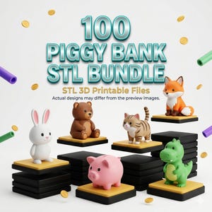 Könnte beinhalten: Eine digitale Sammlung von 100 3D-druckbaren STL-Dateien für Sparschweine mit einem weißen Hasen, einem braunen Bären, einer getigerten Katze, einem orangefarbenen Fuchs, einem rosa Schwein und einem grünen Dinosaurier sowie dem Text 100 PIGGY BANK STL BUNDLE.