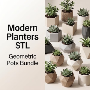Op de afbeelding: Een verzameling moderne geometrische plantenbakken in verschillende vormen en kleuren, elk met een andere vetplant of kleine plant. De plantenbakken zijn gerangschikt op een lichte achtergrond. Tekst links luidt "Modern Planters STL Geometric Pots Bundle."
