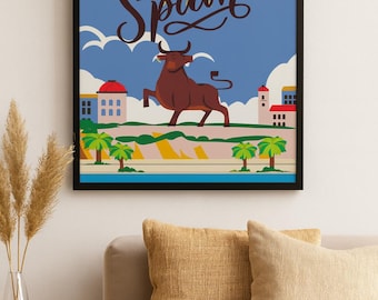 Spain Travel Poster | Retro Bull Mediterranean Wall Art Print