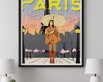 Paris Art Print | Vintage Travel Poster | French Girl Wall Art | Eiffel Tower Print | Coquette Decor | Parisian Wall Art