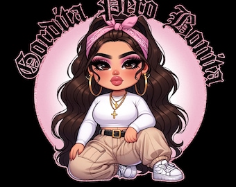 May include: Illustration of a cartoon woman with long brown hair, wearing a pink bandana, gold hoop earrings, and a white long-sleeve shirt. She is wearing a gold cross necklace, tan cargo pants, and white sneakers. The text "Gordita Pero Bonita" is around her.