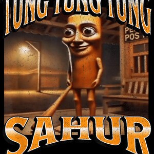 May include: A digital art image with the words "TUNG TUNG TUNG" and "SAHUR" in orange, stylized text. The image features a cartoonish, orange figure with a smiling face, holding a long stick. The background is a blurred outdoor scene.