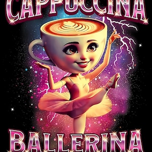 May include: A whimsical illustration features a cappuccino cup with a ballerina's body, wearing a pink tutu and pointe shoes. The words "CAPPUCCINA BALLERINA" are displayed in a pink, sparkling font against a cosmic background with lightning.