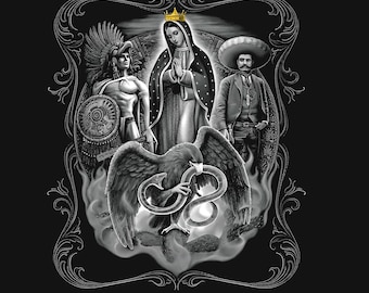 May include: Black and white illustration featuring a central image of the Virgin Mary wearing a crown, flanked by a man in a sombrero and an Aztec warrior. An eagle clutches a snake below. The artwork is framed with ornate scrollwork.