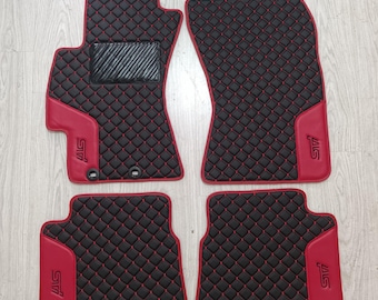 Subaru Impreza WRX STI Diamond Compatible Quilted Floor Mats, Black Red Custom Embroidery