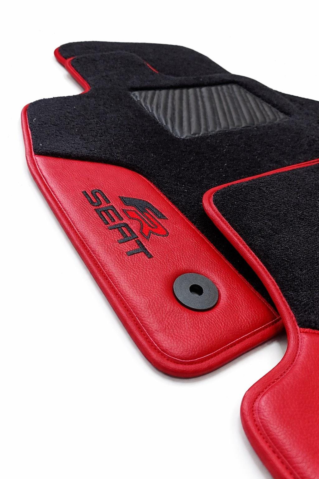 thumbnail interactive-video image 1 of Original Bow Fields Custom Velour Floor Mats For Seat Leon 5F / ST / FR – Red With Red Print & Stitching (New) 1 of 2