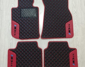 BMW G80 M3 CS Compatible Floor Mats, Black Carpet Red Leather Trim, Embroidered Logo