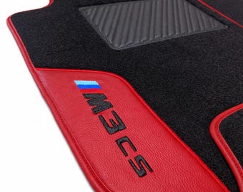BMW G80 M3 CS Floor Mats – Custom Leather Red Trim, Embroidered Logo