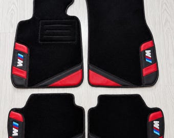 BMW Compatible Floor Mats, Premium Black Carpet, Leather Edges, Custom Design Set with Special Embroidered Logo, Made to Order.