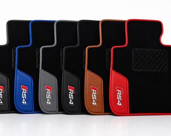 Audi RS4 compatible. Special black carpet floor mats with embroidered logo and leather pattern. Made to order.