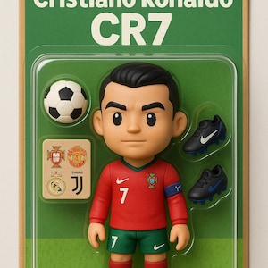 Cristiano Ronaldo CR7 Action Figure Poster Download – Cute Cartoon Portugal Soccer Star Wall Art, Football Toy Display Style Digital Print