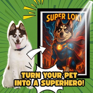 Custom Superhero Pet Portrait – Comic Book Style | Printable Digital Art | Personalized with Name, Powers & Costume