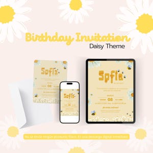 Invitación de Cumpleaños Editable en Canva - Tema Margaritas y Abejitas - Descarga Digital Personalizable