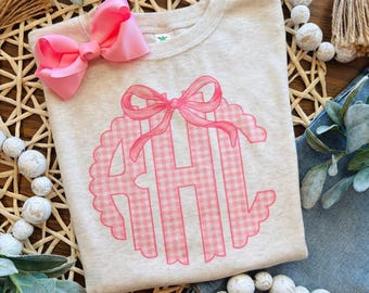 Girl's Gingham Monogram, Pink Monogram Shirt for Girls, Toddler Valentine Shirt for Girls, Baby Valentine Outfit, Pink Kids Shirt