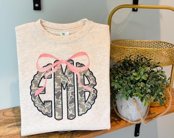 Girls Camo Monogram Shirt, Preppy Camo Mono, Monogram with Bow, Shirt for Girls, Camouflage Kids Shirt, Youth Tee