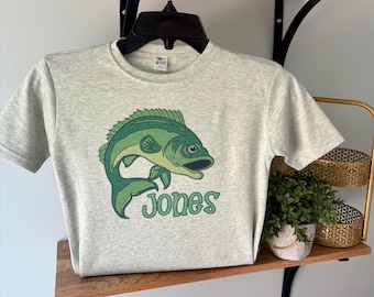 Personalized Bass Fish Shirt for Boys, Boy's Custom Fishing Shirt, Shirt for Child, Shirt For Baby, Shirt For Toddler, Fish shirt on Sage