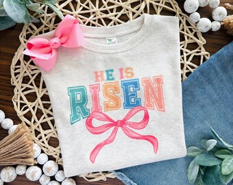 He Is Risen, Preppy Bow Easter T, Girls Easter Shirt, Christian Easter Shirt, Baby Girl Easter, Toddler Easter Tee, Adult T