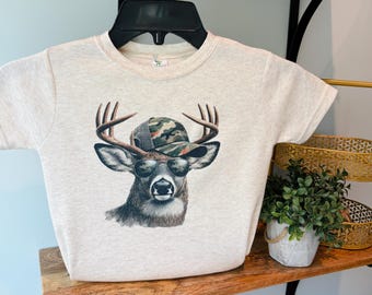 Deer with Camo Hat, Baby Fall Outfit, Cute Kids Shirt, Youth Fall T, Custom Kids T shirt