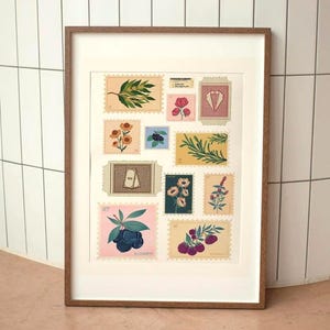 Vintage Briefmarke Collage | Botanischer Blumendruck | Retro Stempel Wand Kunst | SOFORTIGER DOWNLOAD Poster
