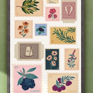 Póster vintage de sellos botánicos / Arte mural floral / Impresión inspirada en viajes / Tamaños 18x24 y menores / Decoración retro con sellos postales