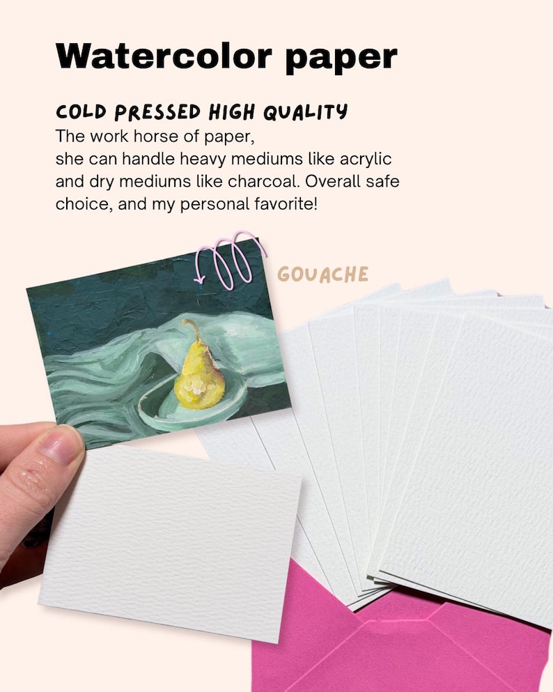 May include: Watercolor paper with the text "COLD PRESSED HIGH QUALITY". The image shows a painting of a pear on a plate, a stack of white paper, and a pink envelope. The paper is cold pressed and suitable for acrylic and charcoal.