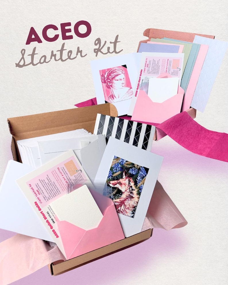 May include: An ACEO Starter Kit containing a collection of art cards, envelopes, and instructional guides. The kit includes white cardstock, pink envelopes, and printed cards featuring a classical bust and a fox illustration, all housed in a cardboard box.
