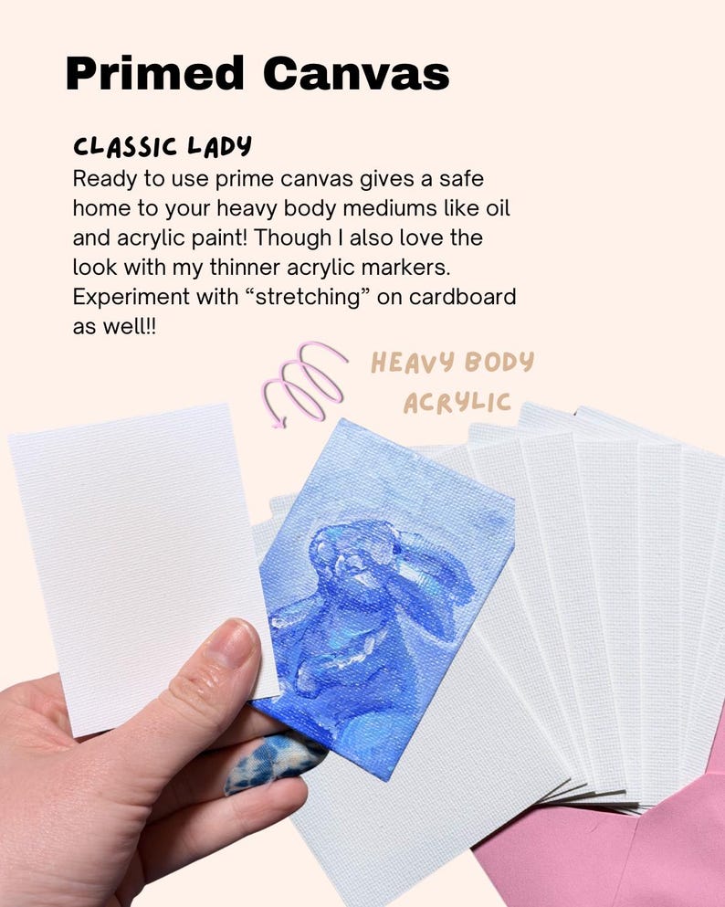 May include: White primed canvas with the text "Primed Canvas" and "CLASSIC LADY". A small blue painting of a rabbit is displayed on one of the canvases. The text "HEAVY BODY ACRYLIC" is also visible.