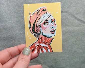 ACEO Orange French Woman Portrait  Print 2.5”x3.5”
