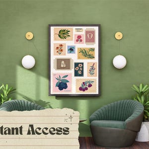 Póster vintage de sellos botánicos / Arte mural floral / Impresión inspirada en viajes / Tamaños 18x24 y menores / Decoración retro con sellos postales