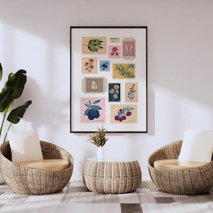 Póster vintage de sellos botánicos / Arte mural floral / Impresión inspirada en viajes / Tamaños 18x24 y menores / Decoración retro con sellos postales