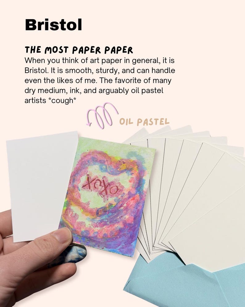 May include: The image showcases Bristol art paper, with the text "THE MOST PAPER PAPER". A hand holds a small card with a colorful heart design and the text "xoxo". A stack of white paper and a blue envelope are also visible.