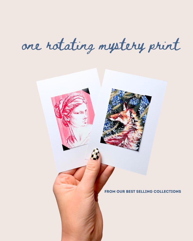 May include: Two rectangular white art prints featuring black corner mounts. One print displays a pink monochromatic classical bust illustration, while the other shows a colorful fox amidst blue flowers. Text reads: one rotating mystery print.