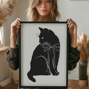 Elegant Black Cat Print | Whimsical Line Art for Cottagecore Decor | Pet Lover Wall Art