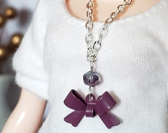 Blythe Doll Necklace: Silver Chain, Purple Enamel Bow & Czech Glass Bead