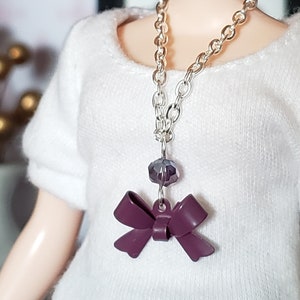 Blythe doll jewelry doll jewellery necklace made for dolls silver chain with enamel bow, purple bead B288 image 1