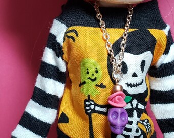 Blythe doll jewelry | doll jewellery | necklace made for dolls | Skull & Flower pendant | rose gold chain [B269]